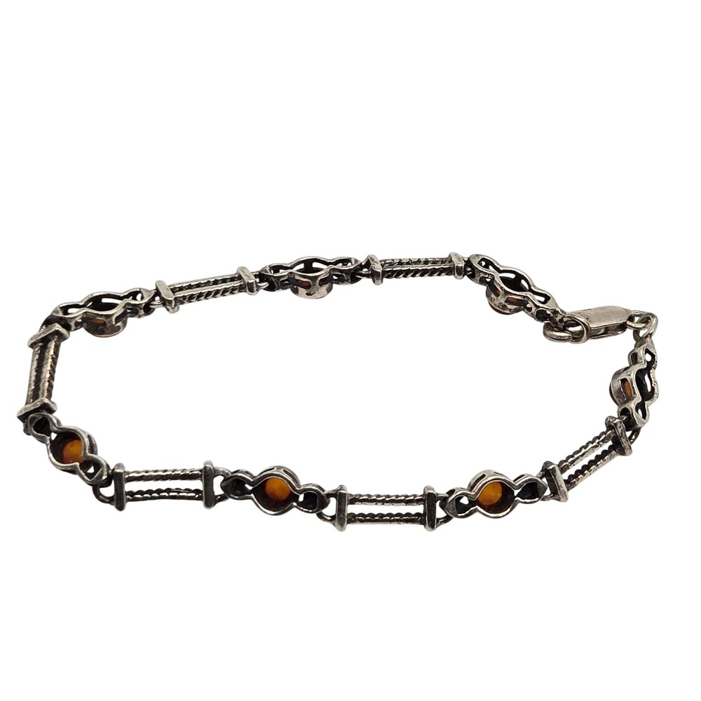 Vintage Sterling Silver 925 Baltic Amber Lobster Clasp Link Bracelet 6.75"
